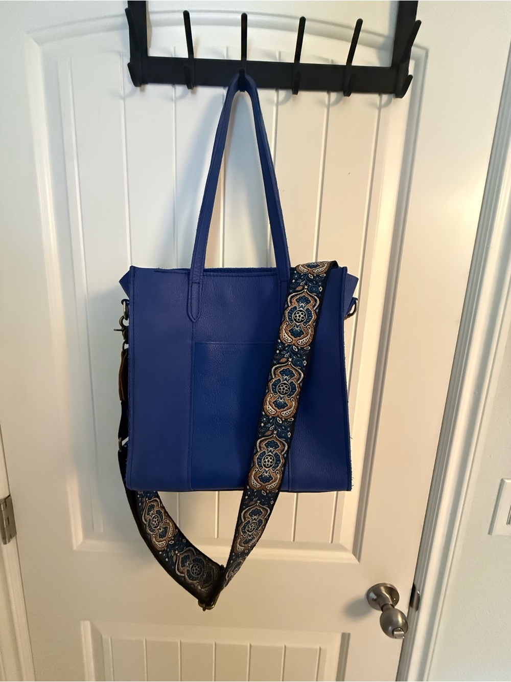 Portland Leather Royal Blue Tote with Patterned Strap